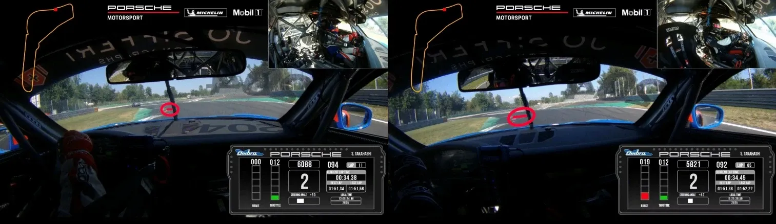 Side-by-side onboard comparison of two Porsche laps at the same corner, using the windshield wiper as a reference point for line positioning