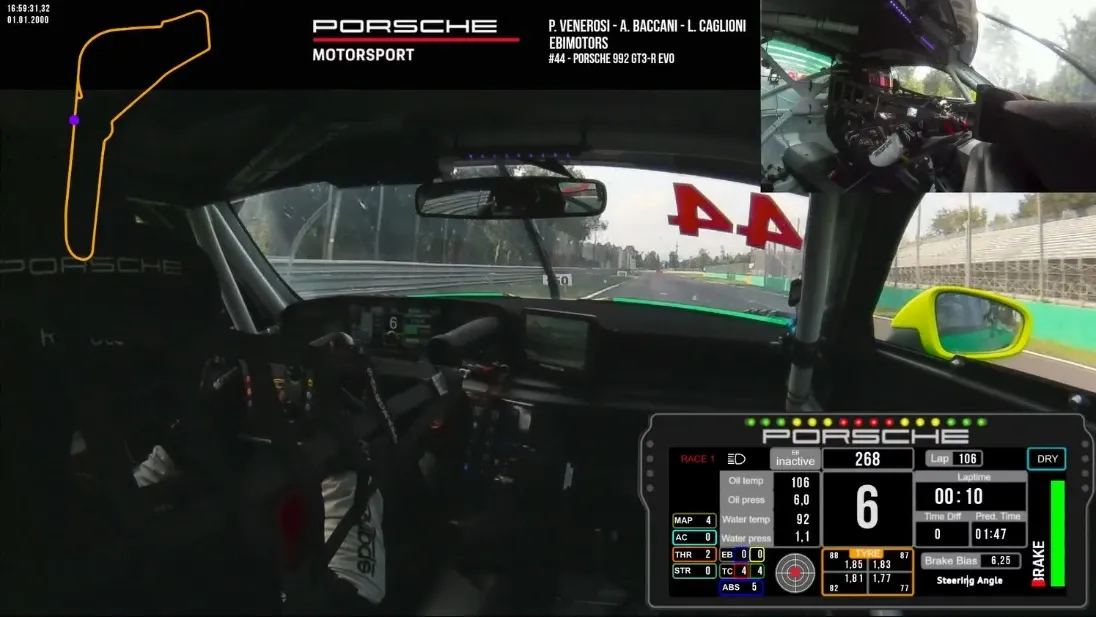 Onboard photo of a Porsche 992 GT3-R at the moment the brake pedal is first touched, before the pressure peak
