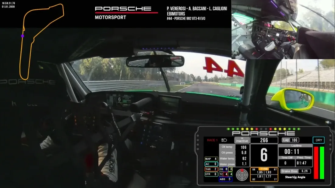 Onboard photo of the same Porsche 992 GT3-R with the brake lights fully lit at the first brake pressure peak, the actual braking point